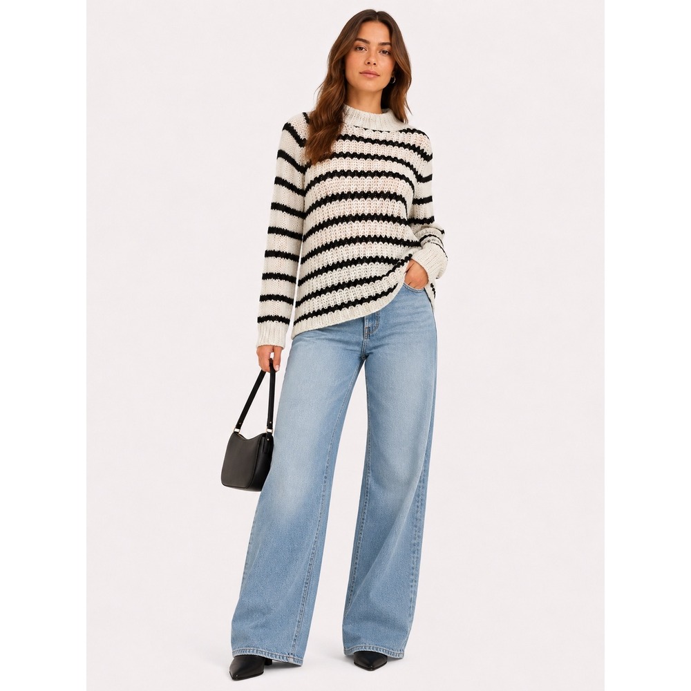 Lovecrazy Knit Sweater Women XS Cream Navy Striped Mock Neck Nautical Pullover